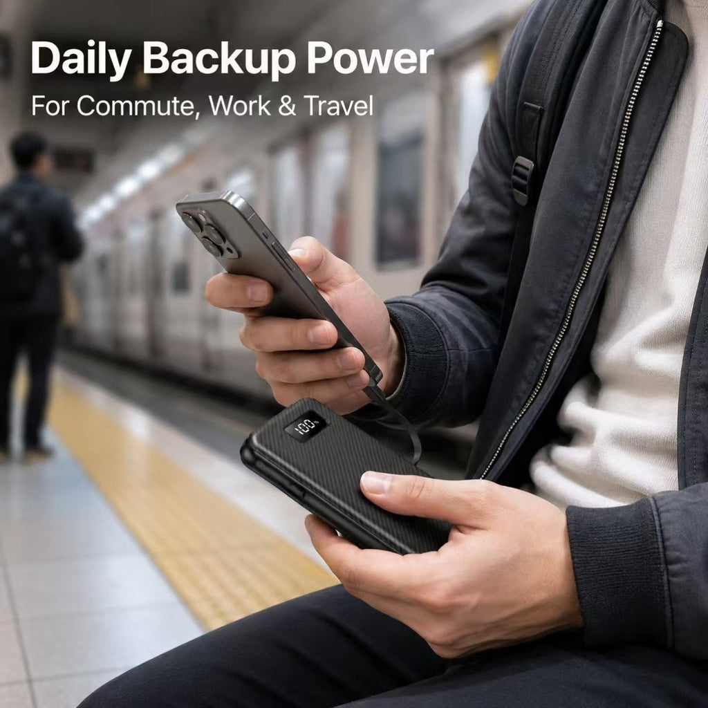 10000mAh Portable Power Bank with Built-in Cables – USB-C & USB-A