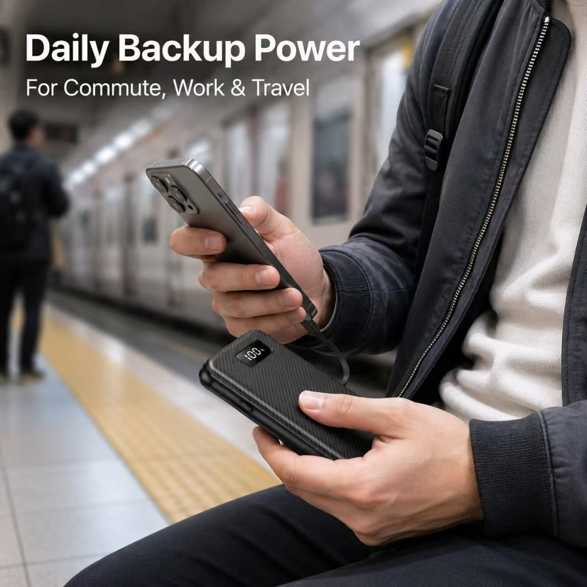 10000mAh Portable Power Bank with Built-in Cables – USB-C & USB-A
